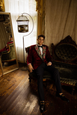 meninvogue:Hunter Thompson photographed by Blake Ballard for L’Officiel Baltics. Hunter wears Dolce &amp; Gabbana tuxedo jacket Red Velvet Casino Fit, Givenchy button shirt Embossed, Gucci leather loafers, Barney’s bow tie, ring vintage gold &amp;