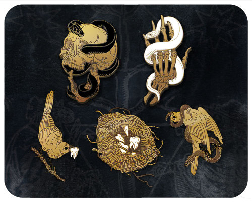 Heresy &amp; Reverent pin sets.A couple new sets of pins, inspired by an occulty story of mine and @