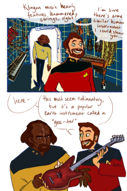 trainwreckgenerator:HERE is a comic i made at 4 am for @gayharrykim for the star trek pride exchange organized by @lieutenant-commander!! the prompt was worf/riker + music