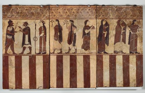 Tomb-painting with sphinxes and groups of figures, with guilloche pattern above and crimson and crea