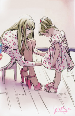 heavelyn:  L i k e  M o t h e r ,    L i k e   D a u g h t e r  I saw the picture I used as reference for this one and thought immediately of Winry and her baby girl!   OFC Ed’s is crying over his girls all dressed up in the same dresses patterns