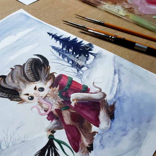 Progress! Next comes the outlines. #krampus #watercolorartist #watercolorillustration #workinprogres