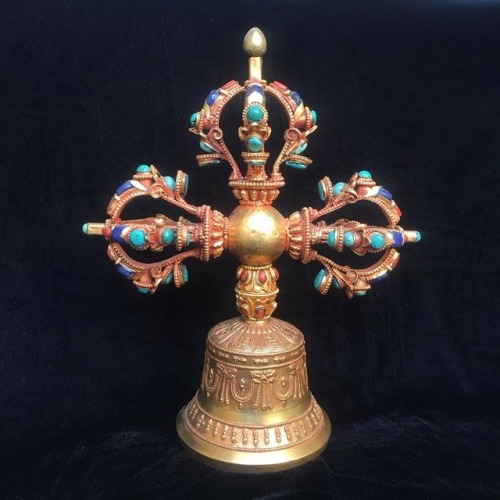 Tibetan Jeweled Buddhist Double-Vajra handled Bell For more details, or to purchase, visit: https://