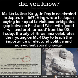 did-you-kno: Martin Luther King, Jr. Day is celebrated in  Japan. In 1967, King wrote to Japan  saying he hoped to visit and bridge the  gap between East and West with ‘good  will and brotherhood’ from the US.  Today, the city of Hiroshima celebrates