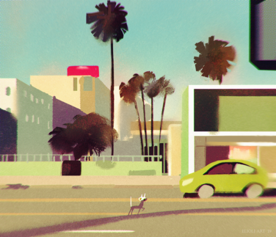 elioli-art:  The top four were inspired by some photos we took around Hollywood and Glendale (our 25 floor at DreamWorks Central building) and the blue house is from St. Simons GA. Oh yeah, and they need a subject matter, so…cats? 