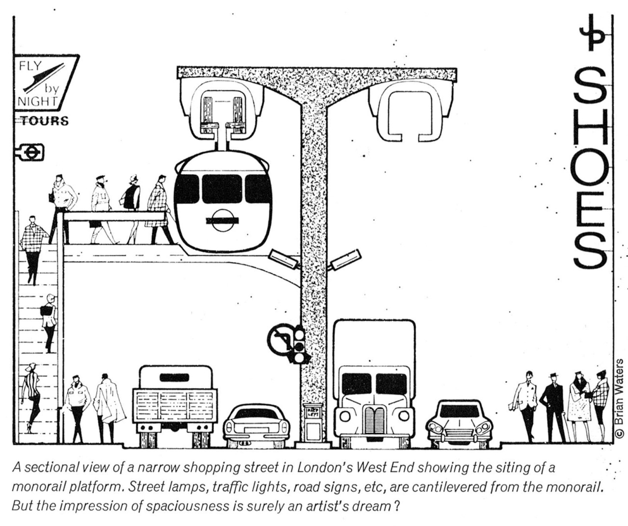 Oxford Street monorail drawing from the late sixties showing example of a possible station.