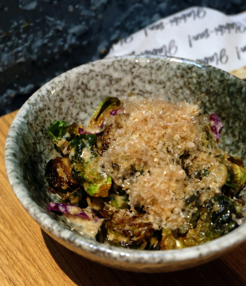 Roasted Brussel Sprouts- nutty kinnogomadare (Japanese sesame dressing), savoury katsuobushi, t