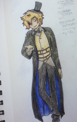 dreamscapedestroyer:  Ooc: Mun Draws  Colored pencil fanart of user ikimaru’s human Bill Cipher design.I never wanted this to happen.  hey thank youu!! 8&rsquo;)