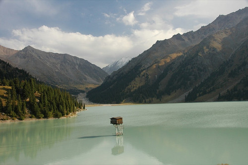 Shack in the Middle of Big Almaty LakeTian Shan Mountains, Kazakhstan