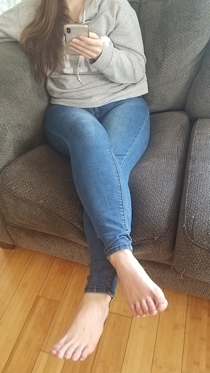 My pretty wife sitting with her sexy legs crossed and bare foot enjoying a coffee this morning.pleas