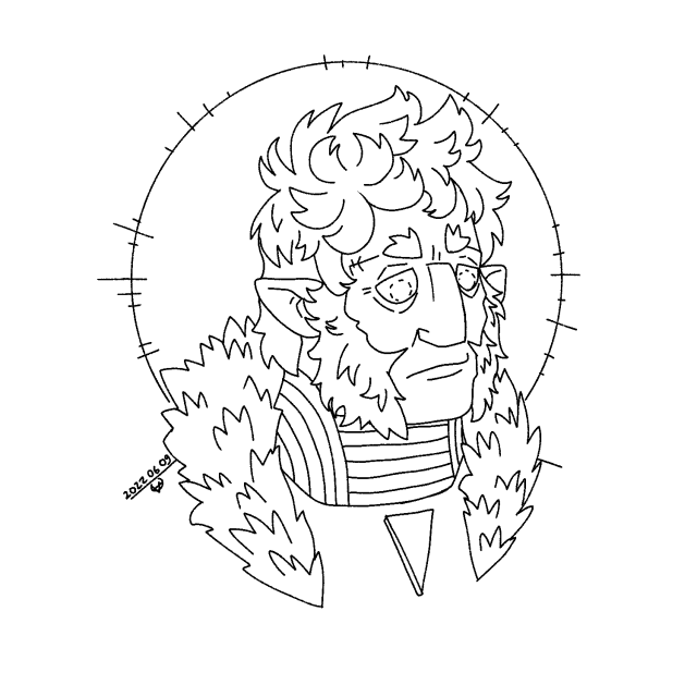 A line drawing portrait of an alien man with squarish features, fluffy short hair and sideburns. There's a circle with lines behind him.