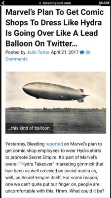 etothevictory: magistrate-of-mediocrity:  supergirltastic:   ohmygil:   https://www.bleedingcool.com/2017/04/21/marvels-plan-get-comic-shops-dress-like-hydra-going-like-lead-balloon-twitter/  Oh my god     Are they seriously this tone deaf   Yes. Yes