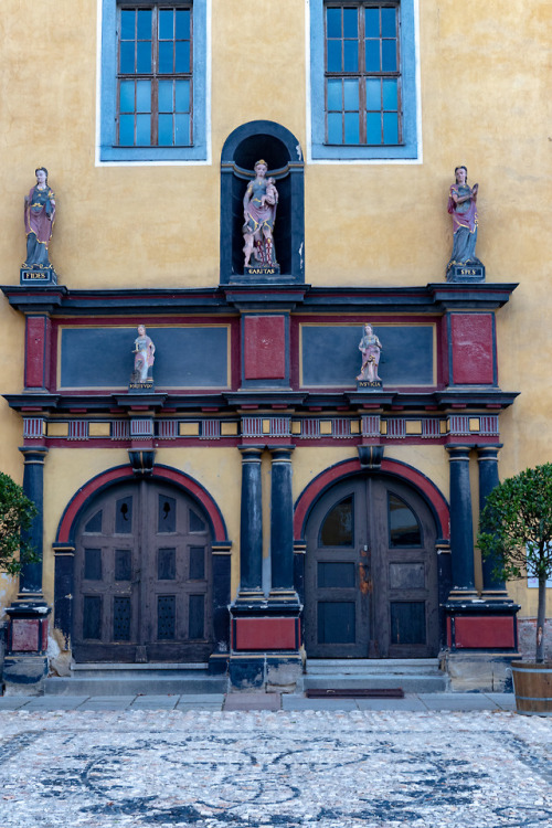 Fides, Caritas, Spes, Fortitudo, Iusticia.Portal at Castle Heidecksburg.