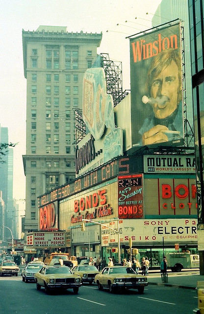 atomic-flash:Smoking Billboard atop the storied Bond’s Clothing store, Broadway & 44th Street, N