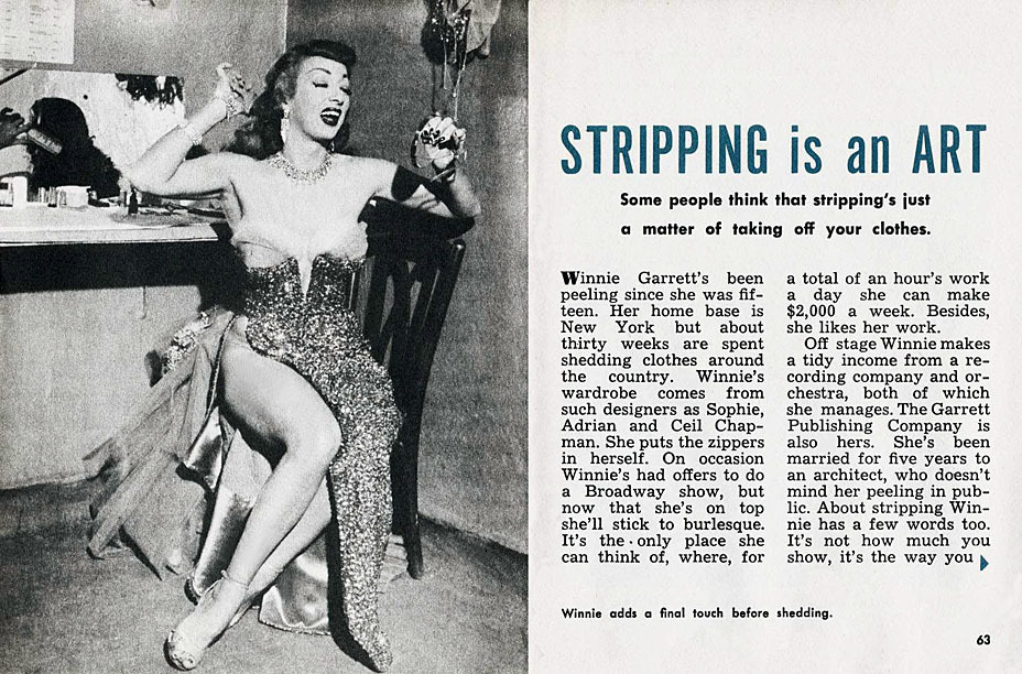 STRIPPING is an ART Winnie Garrett is profiled in a 50’s-era Men’s Pocket Digest..