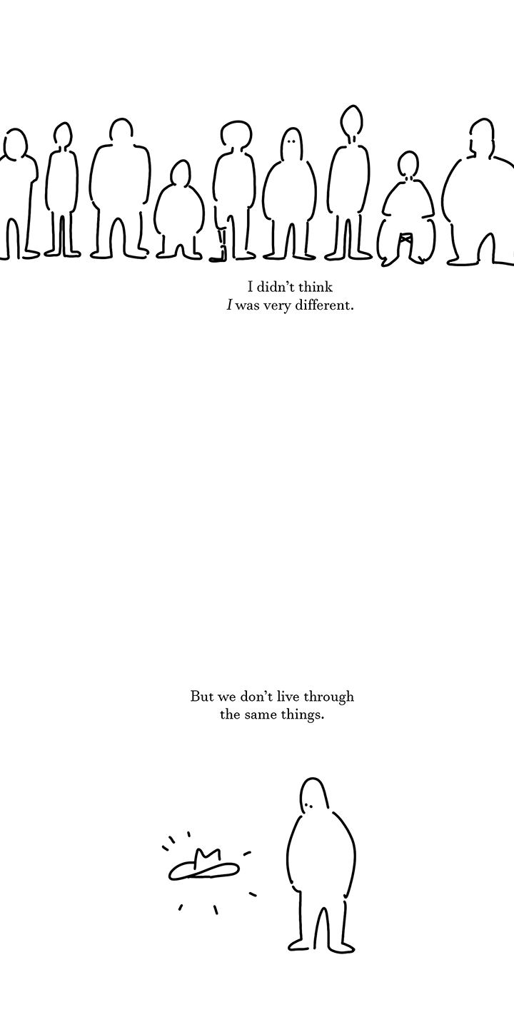 Panel 2: A line up of different silhouettes of people, some taller some shorter with different body shapes. The silhouette of a prosthetic leg can be seen and someone in a wheelchair. There is one silhouette that blends in with the others but has dot eyes. Underneath is thhe text: I didn't think I was very different.
Text: But we don't live through the same things.
Panel 3: The person with the dot eyes looks down as a cowboy hat pops into existence next to them.