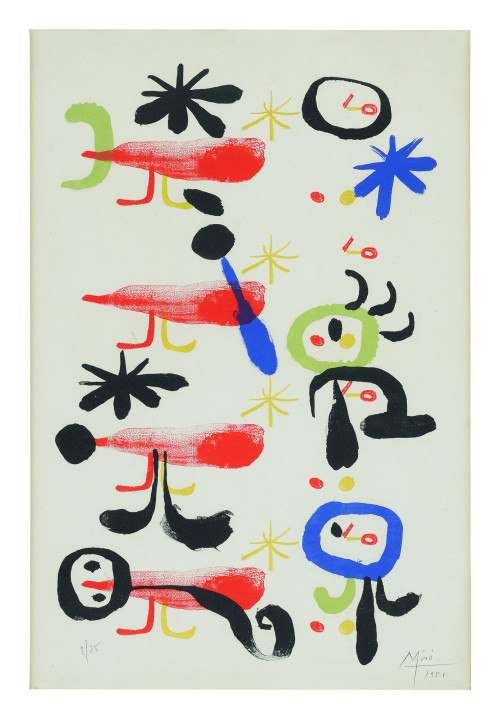 ochyming:JOAN MIRÓ 1893-1983 THE BIRD-CATCHERS I, 1951 Lithograph printed in colors on Rives wove p