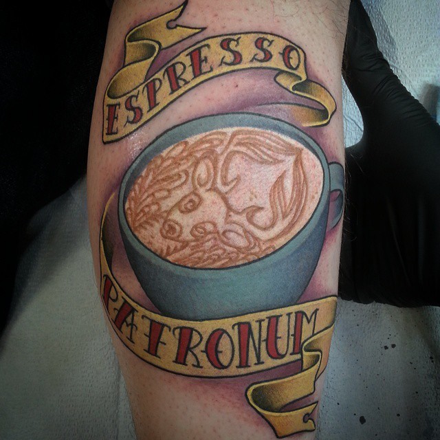 fuckyeahtattoos:  &ldquo;Espresso Patronum&rdquo; by Jared Bent at Rose Golds