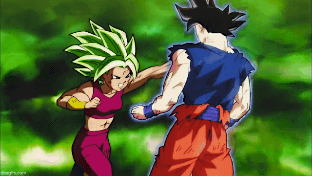 DBS GIFs — Goku easily dodges Kefla's attacks using Ultra...