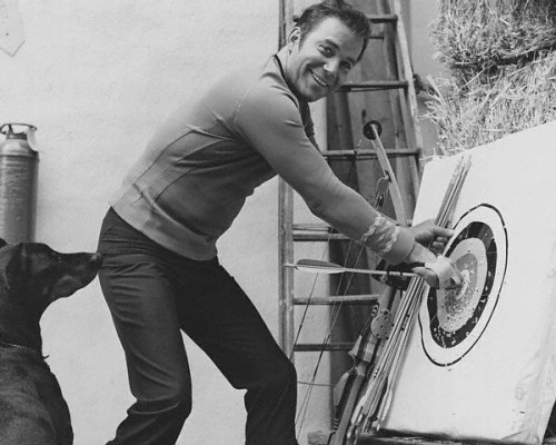 trekcore:Bill Shatner in costume as Kirk taking some target practice.