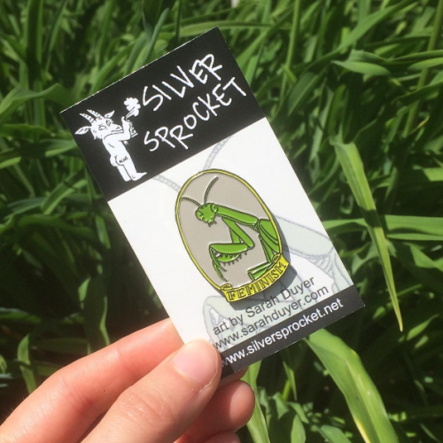 Chomp first, ask questions later. New praying mantis “Feminism” enamel pins by Sarah Duyer. https://