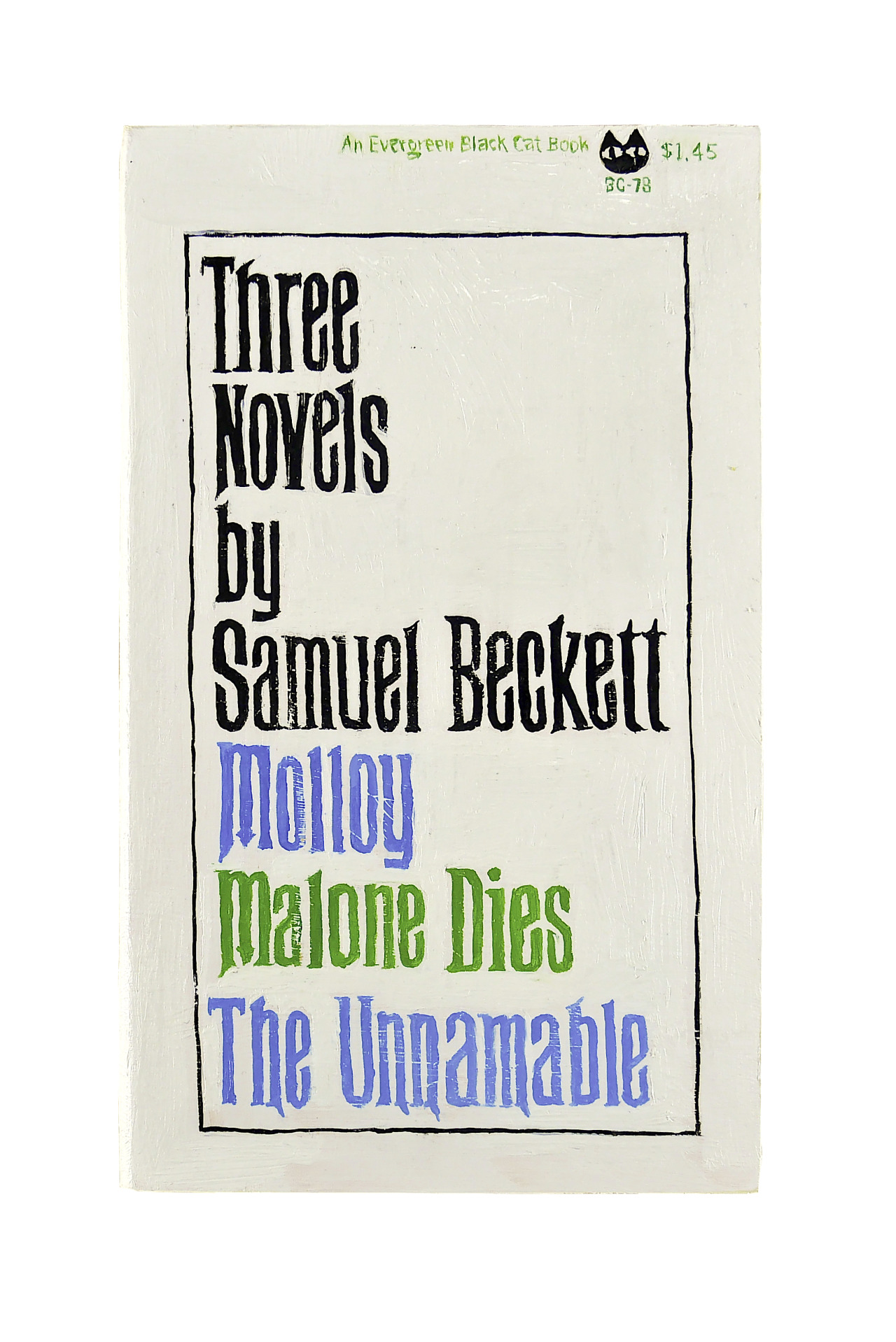 Untitled Project: Robert Smithson Library & Book Club
[Beckett, Samuel. Three Novels: Molloy, Malone Dies, The Unnameable, 1965]
Oil paint on carved wood, 2019