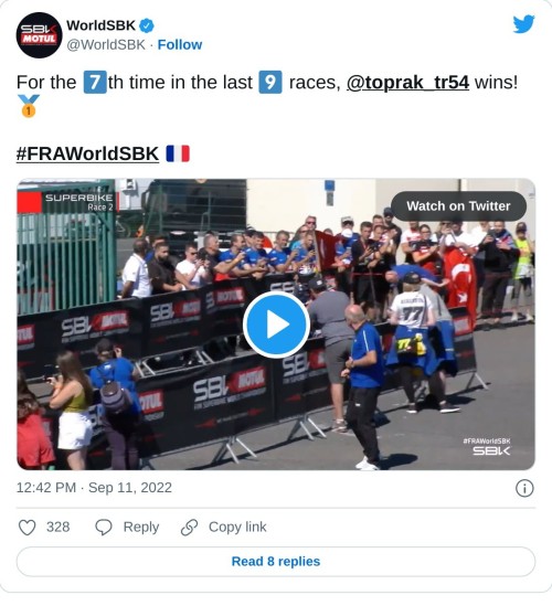 For the 7️⃣th time in the last 9️⃣ races, @toprak_tr54 wins! 🥇#FRAWorldSBK 🇫🇷 pic.twitter.com/c3IMSRvnBq  — WorldSBK (@WorldSBK) September 11, 2022