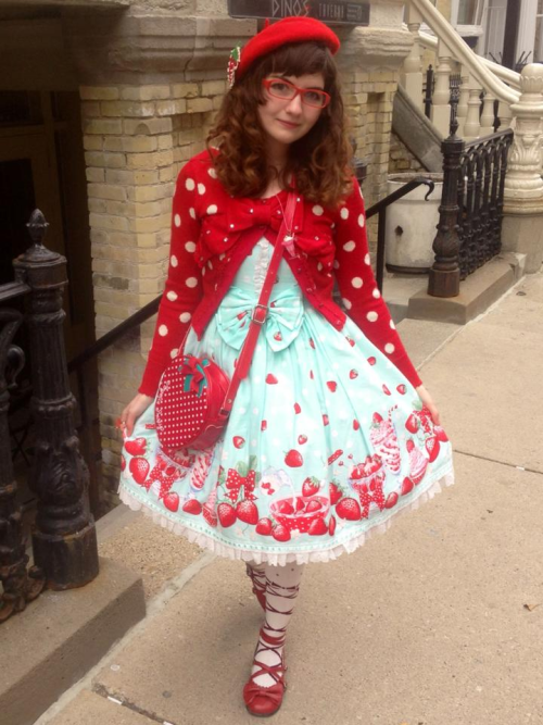 weeaboo-kei:full outfit from yesterday! rockin’ that ichigo-kei.cardigan, bag, jsk: APshoes: SSsocks