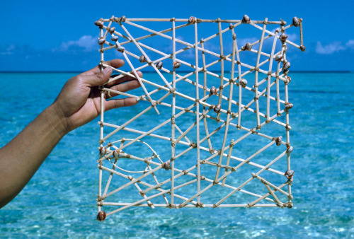 On stick-charts, the sticks represent wave patterns and shells mark the atolls. Marshall Islands, Mi