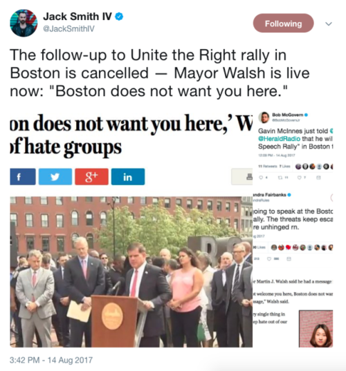 micdotcom: Boston mayor to alt-right free speech conference: The city “does not want you here” Speaking Monday, Boston Mayor Marty Walsh told members of the alt-right planning an upcoming free speech rally in his city that they were categorically