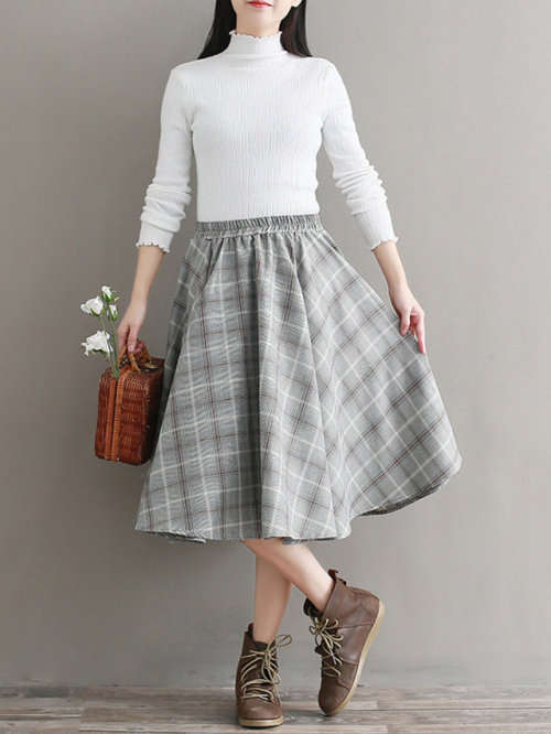 winriirockbell:Plaid Elastic Waist A-line Skirt  |     Discount code: happy15 { 15% OFF }