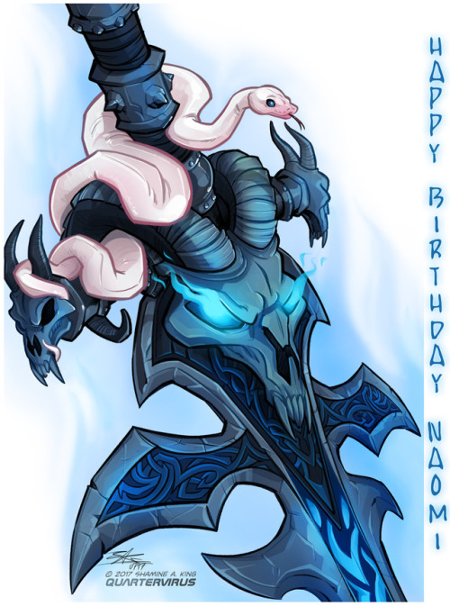 quartervirus:  A quick little birthday pic for my sister, who turns 24 today! Happy Birthday, Sis!! She recently adopted a young blue-eyed ball python and named him Arthas … so naturally this happened. It looked far more badass in my head, but I had