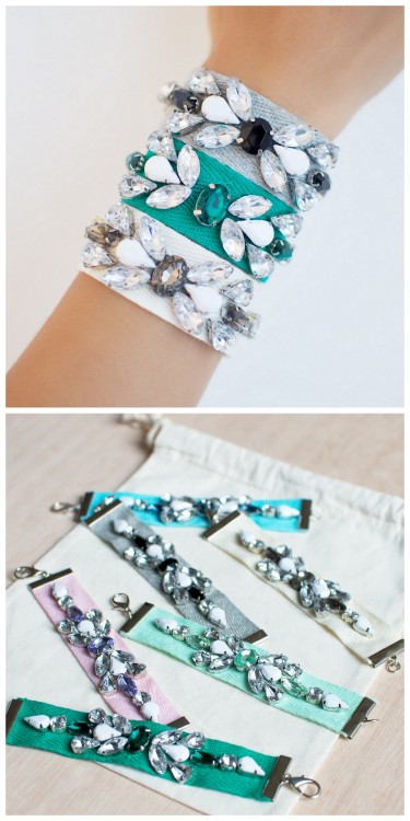 DIY Cotton Ribbon Rhinestone Bracelet from A Pair &amp; A Spare. Really easy DIY - a &ldquo;stick an