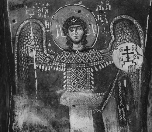 russian-style: Archangel Michael, fresco from the Nereditsa Church, 1199 Nereditsa Church had one of
