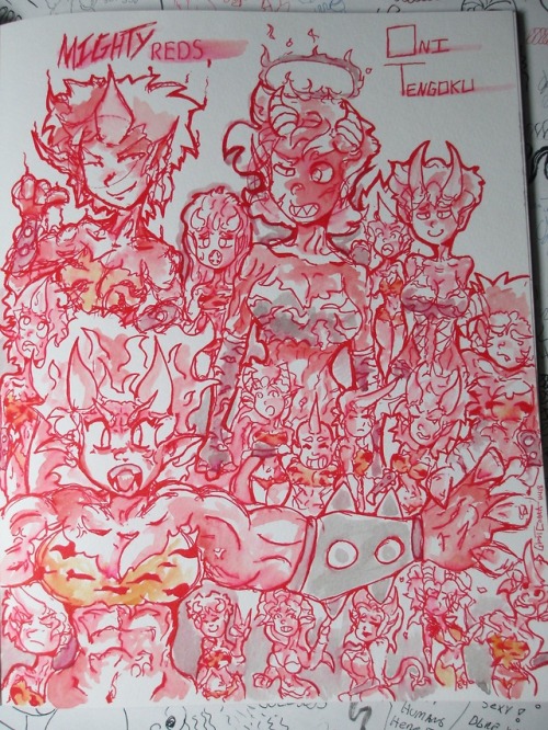  So many Red Oni! Red Oni are very competitive and can be human size or giants! They value strength 