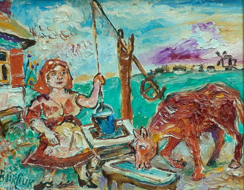 Woman with red cow, David BurliukMedium: oil,canvas