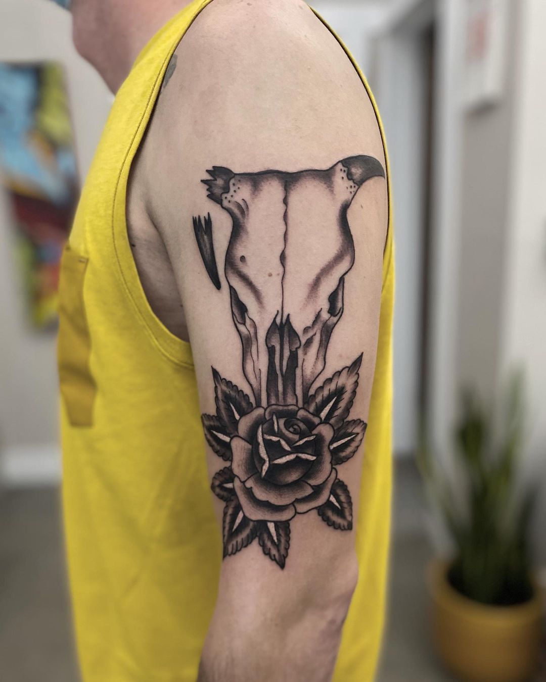 Fresh Tattoo — Cow skull with a broken horn and a rose from last...