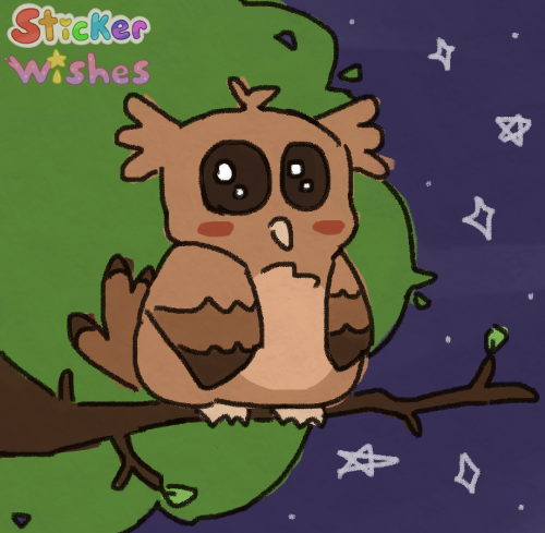 a doodle of a brown owl perched on a tree branch. it's nighttime outside, and there are little stars in the sky behind the tree.