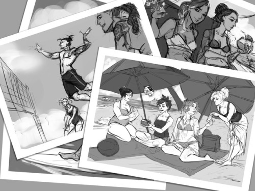 Weekly Patreon sketch(es), Overwatch on the beach! :) I could’ve done a way bigger page with these, 