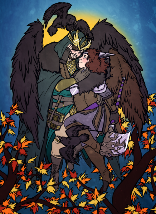 Odin & Freya in Autumn, digital color in Photoshop CC with traditional India ink lineart.© Megan