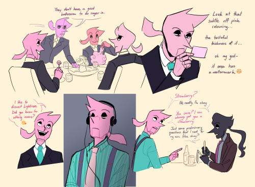 brightgoat:American Psycho AUThank you to @pukeseven for helping with dialogue.Link, green Addi, bel