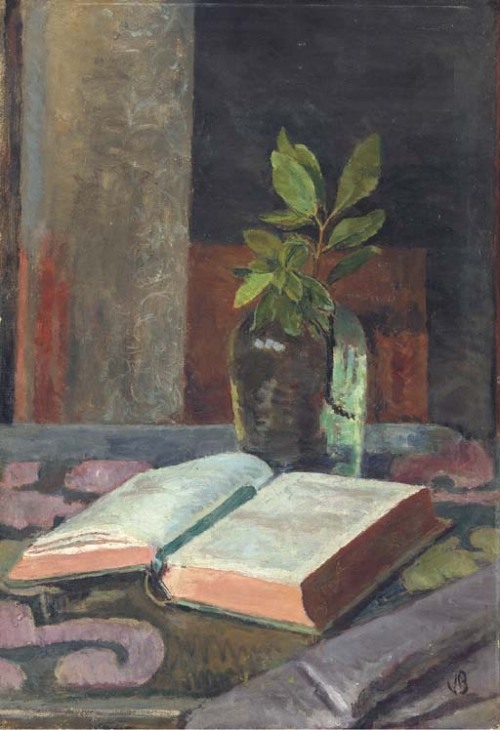 Still life with a glass jar and an open book   -   Vanessa Bell , c.1955British,  1879-1961oil on ca