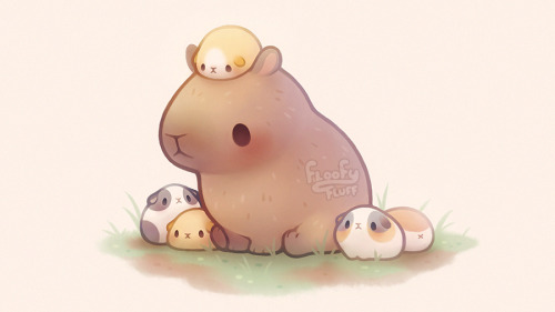 Just a capybara vibing with smol relatives