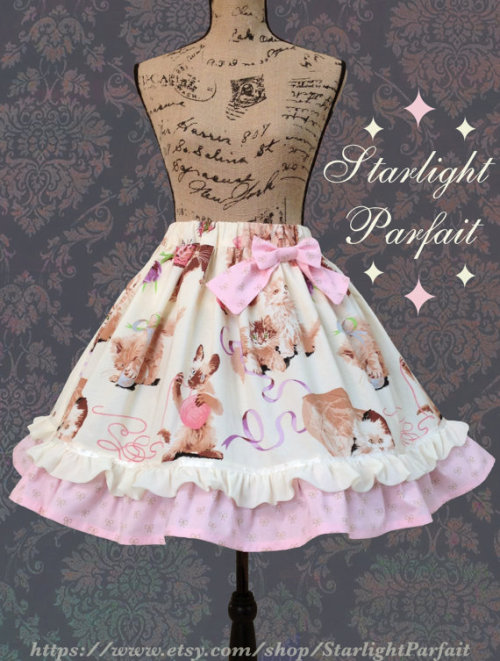 Kawaii Lolita Cream Kitten Print Skirt - $39.00 