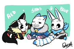 sanspar:  owosa:    I fell in love with @sanspar ‘s FellWolves and @keksbela ‘s blueberry bunny designs and i’ve to draw them, but i think i will be better if it was the three Sans together ( UT Sans based in some cats versions i saw of him Uu)