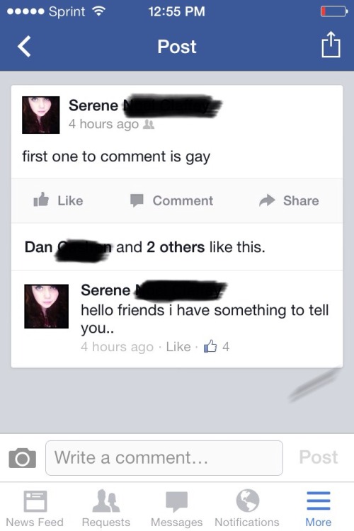 lgbtgivesmehope:swanproblems:so i came out on facebook today[Image shows a status update from Serene