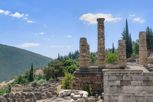 The remains of the Temple of Apollo at ancient Delphi, GreeceApollo was born on the island of Delos 