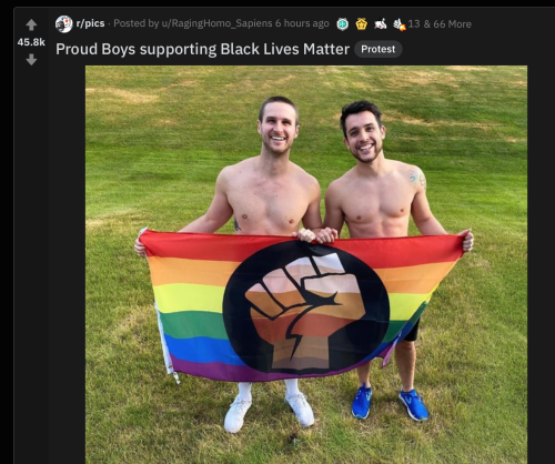 systlin: sonneillonv:  cry–twombly:  homiedepot:   aetin:  what the fuck is going on   You can just do and say anything in any way you want huh?    Gay men have co-opted the Proud Boys hashtag on twitter  So there are a bunch more like this and it’s