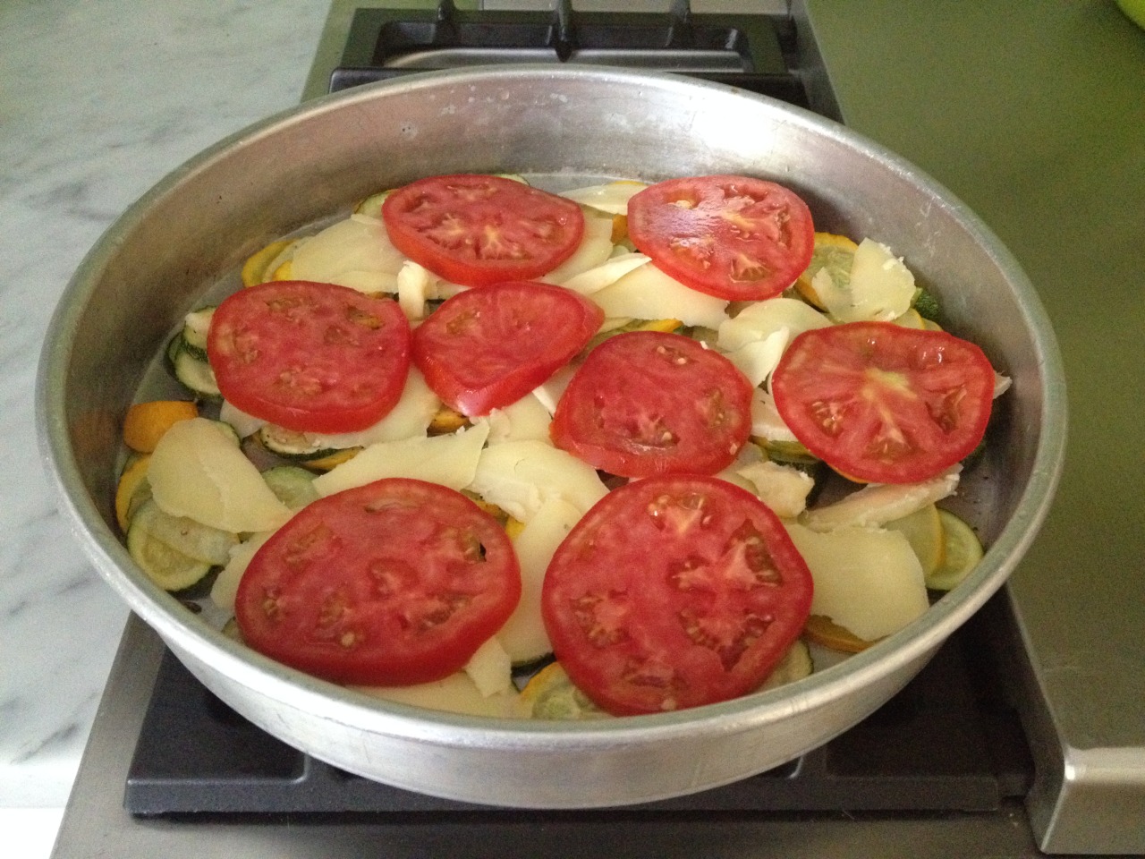 domenicacooks:  Summer gratin: Slice zucchini and summer squash; toss with olive