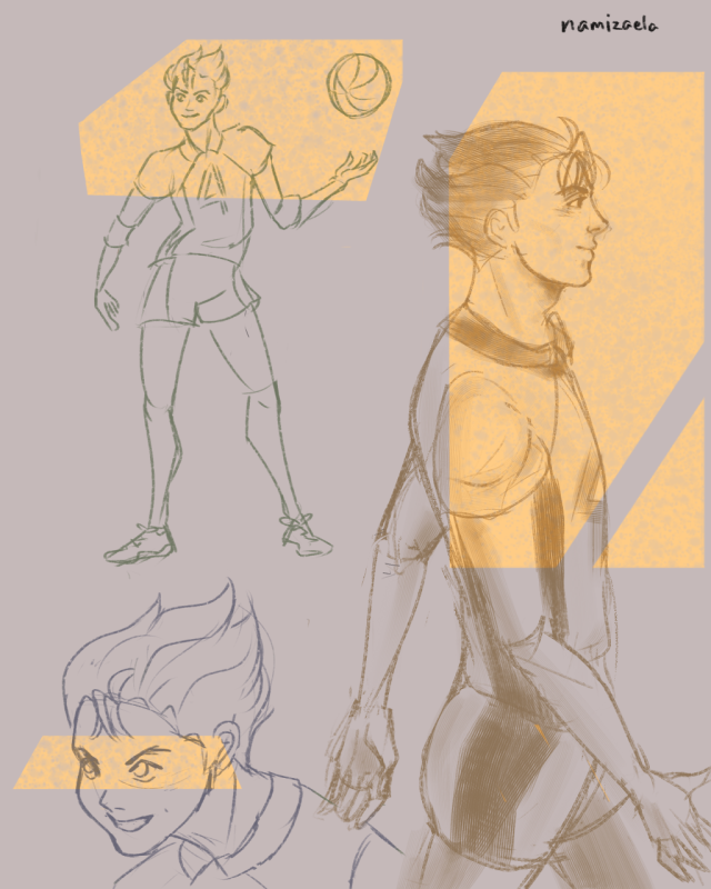 3 drawings of nishinoya walking with a calm expression, tossing up a volleyball, and looking up with an energetic smirk on his face. 